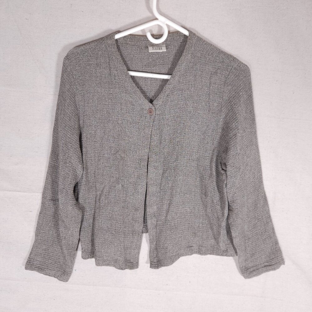 Eileen Fisher Cardigan Womens Large Gray Textured Linen Rayon Blend Minimalist